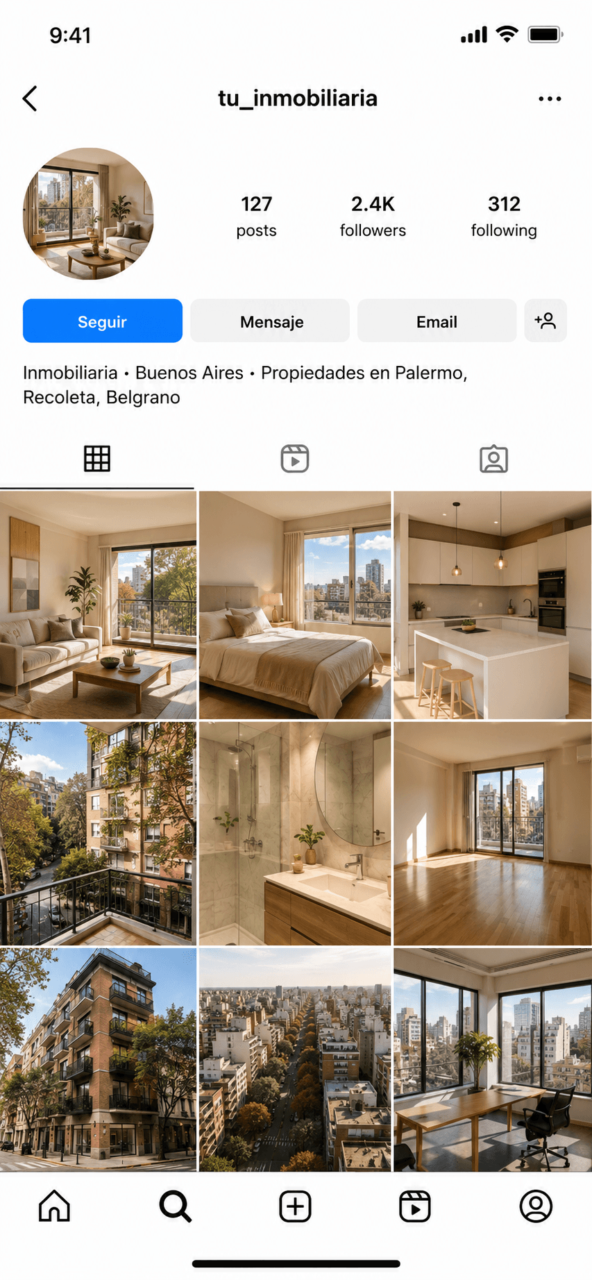 Perfil de Instagram con propiedades publicadas desde VisualProp