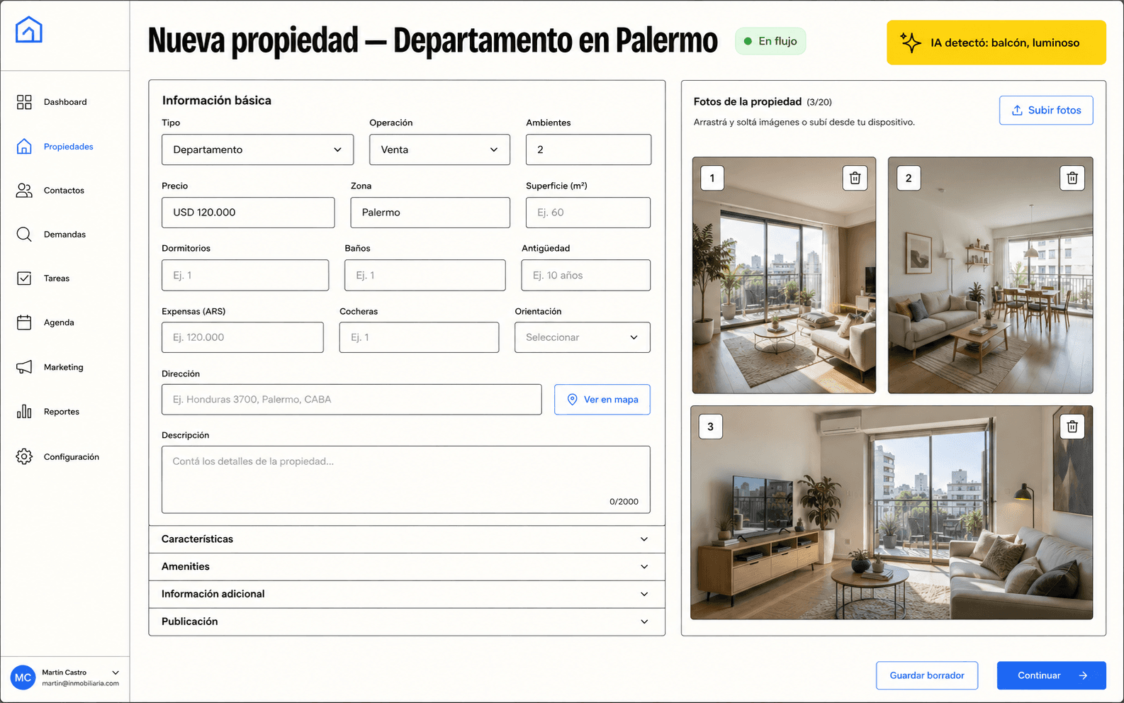Carga de propiedad en VisualProp con detección de IA