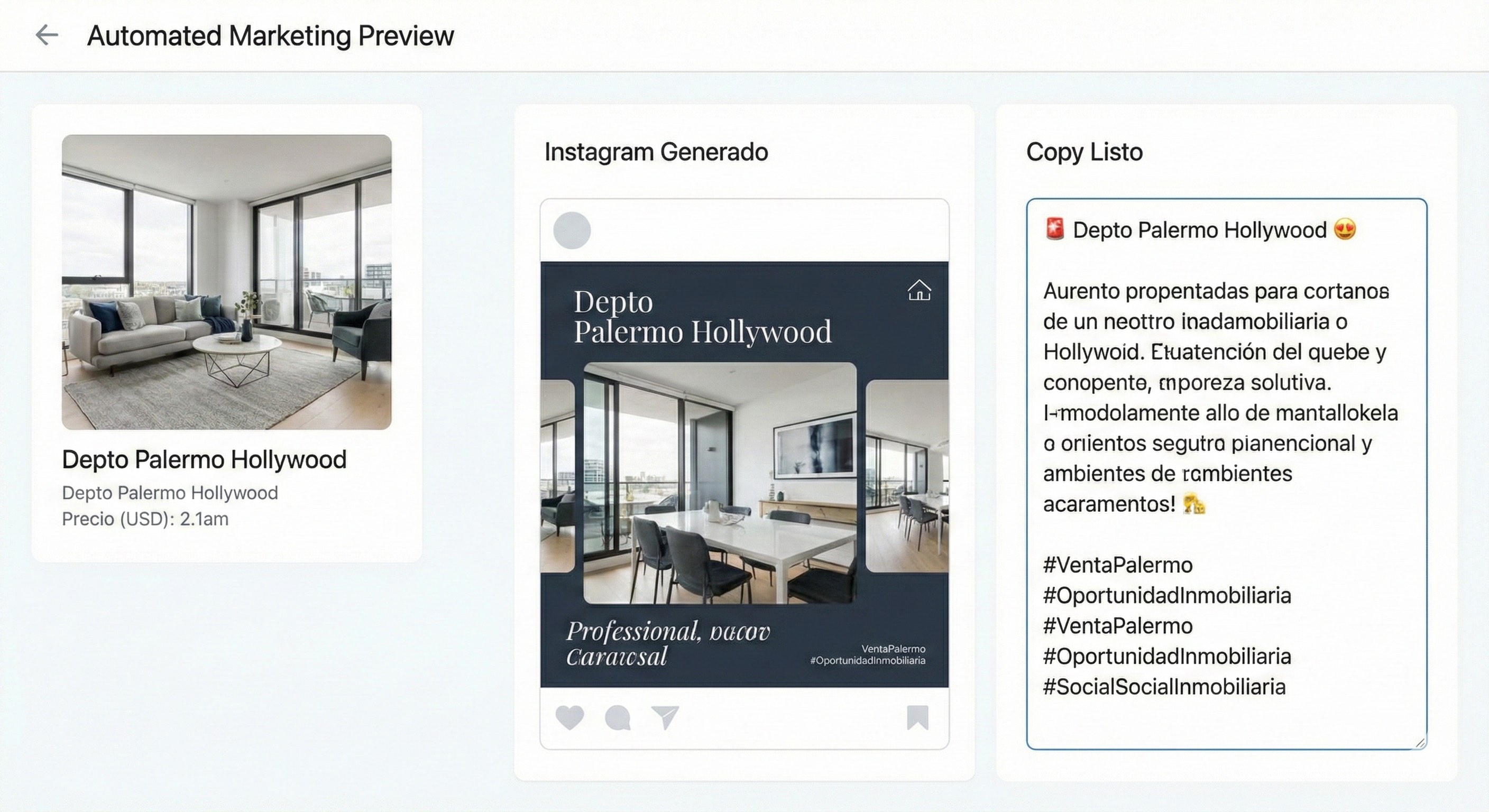 Preview de marketing automatizado con post de Instagram y copy generado
